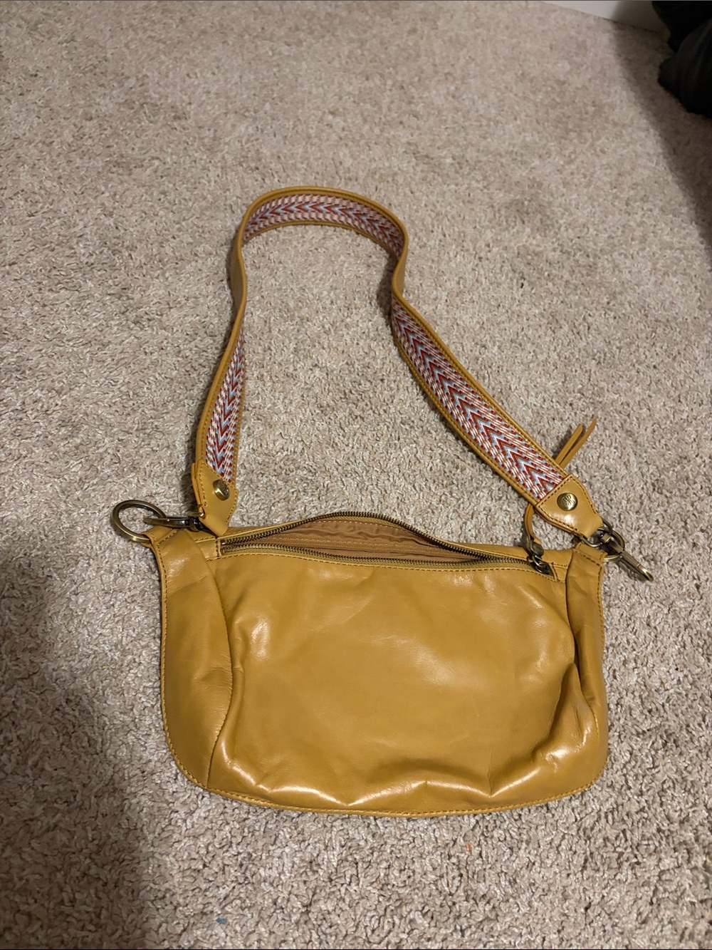 Mustard Yellow Leather Crossbody Hobo Bag with Patterned Strap